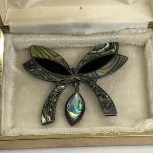 Sterling abalone Mexico butterfly? Dragonfly? bow? Brooch vintage